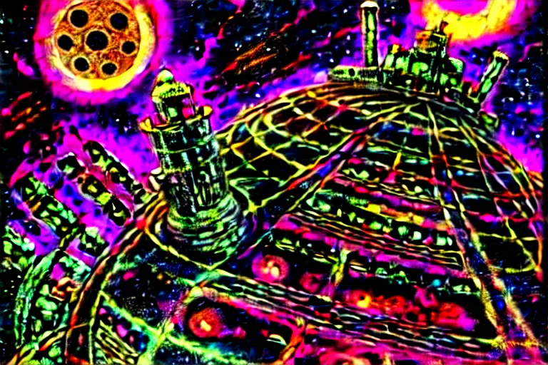 Prompt: philippe druillet, rotting space station drifting in psychedelic nebula, derelict tech, highly detailed