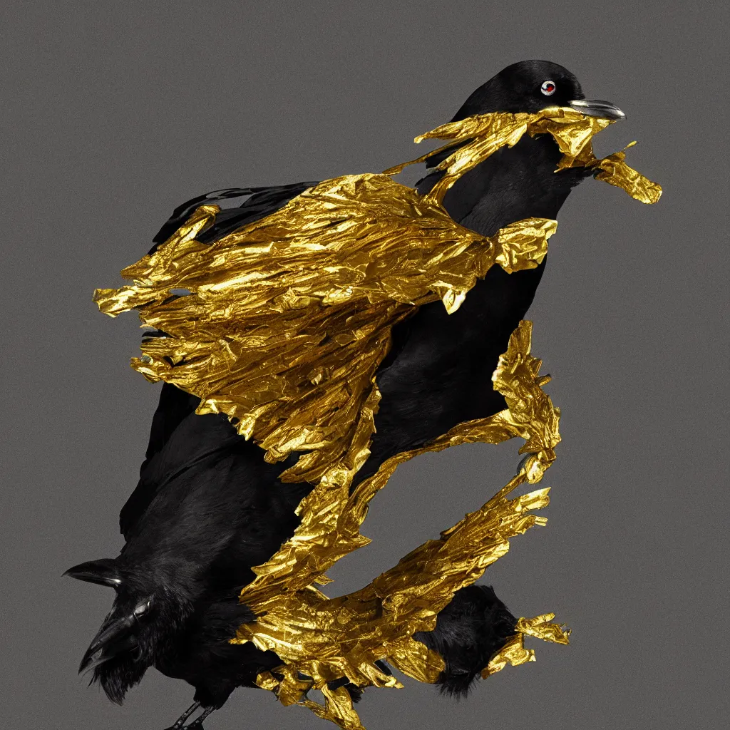 Prompt: Raven with wings made of gold and black eyes, white background, octane render, dramatic, depth of field