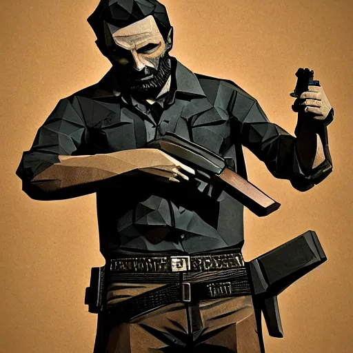 Image similar to rick grimes in-frame, paper craft low poly, the walking dead, Diane Arbus, fantasy, medieval, vivid colors, elegant, concept art, sharp focus, digital art, Hyper-realistic, 4K, Unreal Engine, Highly Detailed, HD, Dramatic Lighting by Brom, trending on Artstation