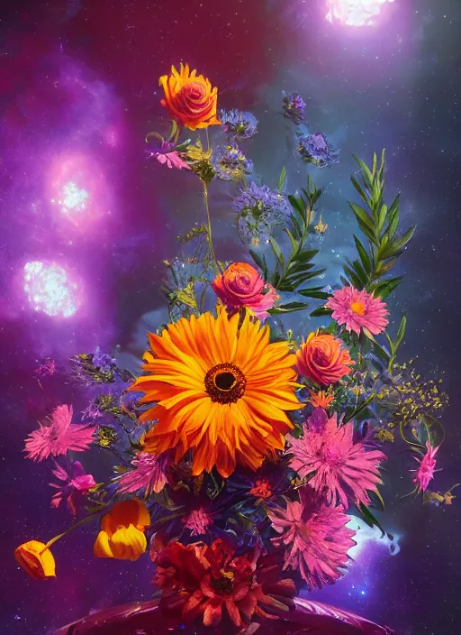 Image similar to An epic fantastic realism comic book style painting of the most beautiful flowers launched across the dark and starry cosmos, bouquets, fisheye lens, unreal 5, DAZ, hyperrealistic, octane render, dynamic lighting