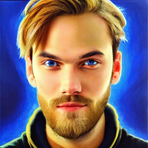 Image similar to PewDiePie with a square head, painted by Gilbert Williams