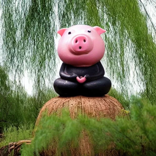 Image similar to a cute pig meditating like buddha on top of a giant mushroom, large willow tree in the background. ”