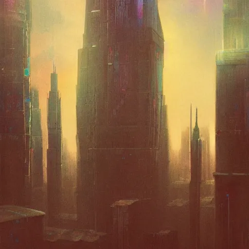 Prompt: towering spires of buildings, cyberpunk bladerunner style, beksinski and star wars style painting