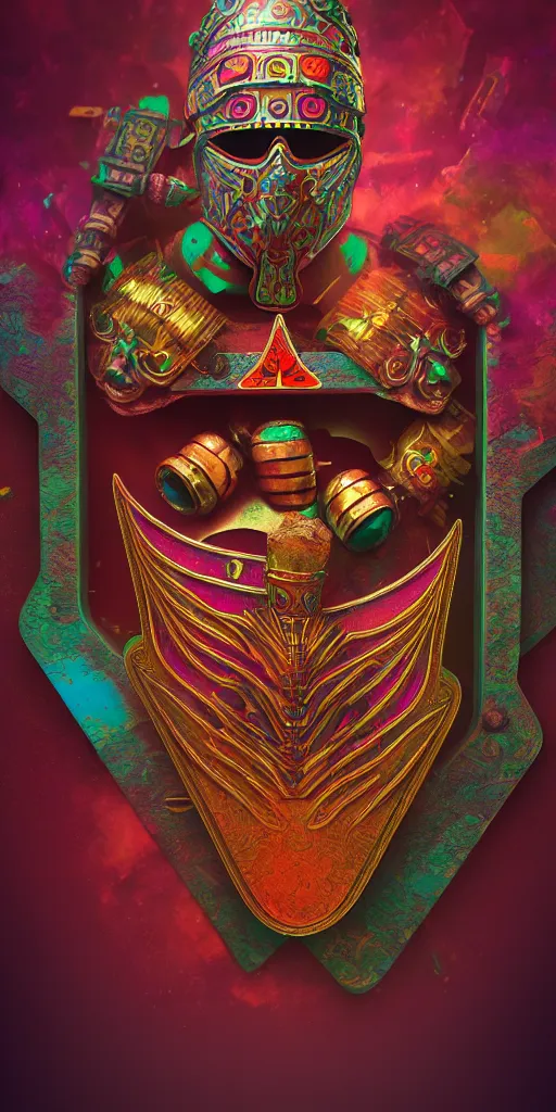 Image similar to psychedelic illustration, roman gladiator mask, playing card design, photorealistic illustration, 8 k resolution, octane render,