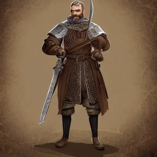 Prompt: 5 0 years old man, tall : : brown hair, stubble beard : : decorated medieval clothing : : high detail, digital art, rpg, concept art, illustration
