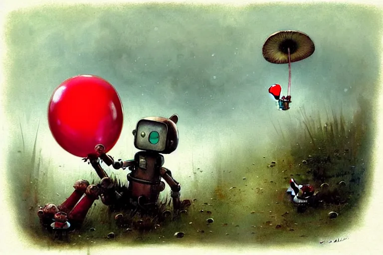 Prompt: adventurer ( ( ( ( ( 9 5 0 s retro future robot android mouse holding a red balloon. muted colors. spooky swamp mushrooms island, lillie pads ) ) ) ) ) by jean baptiste monge!!!!!!!!!!!!!!!!!!!!!!!!! chrome red