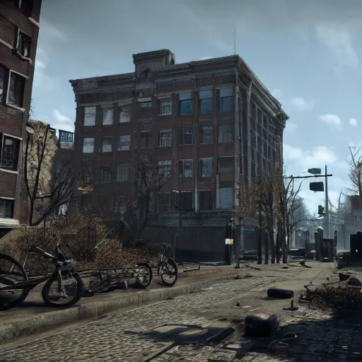 Prompt: De Dam in Amsterdam in ruins post-nuclear war in Fallout 4, in game screenshot