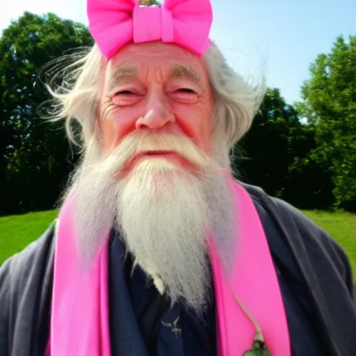 Prompt: gandalf with a pink bowtie on his head