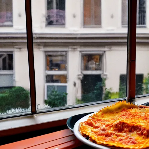 Image similar to fat orange tabby cat eating lasagna on a table, afternoon, by michelangelo neighborhood outside window