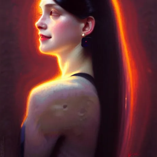 Prompt: portrait of a smiling, beautiful, pale skin female with long black hair, dark brown eyes, elegant clothing, photorealistic, highly detailed, artstation, smooth, sharp focus, neon lighting, sci - fi, art by gustav klimt, artgerm, greg rutkowski and alphonse mucha