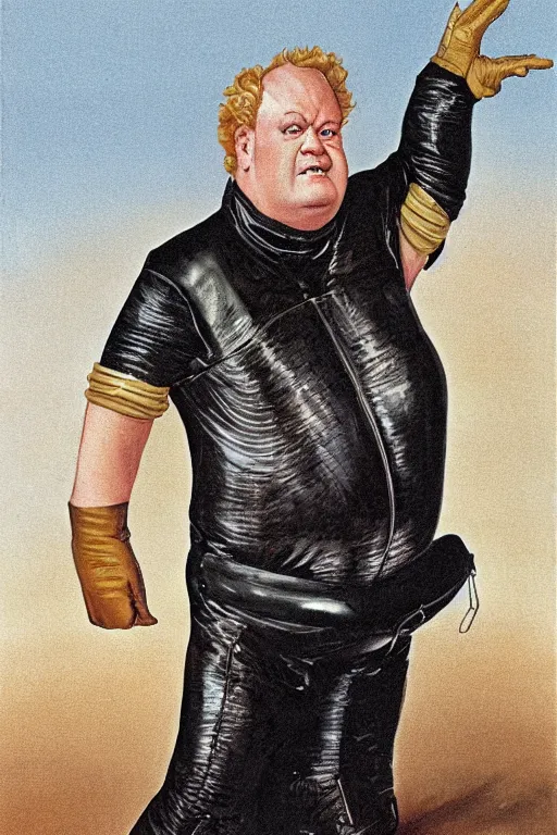 Image similar to full body portrait of actor kenneth mcmillan as baron harkonnen wearing leather spacesuit in dune, colour painting by normal rockwell