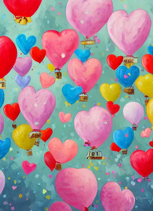 Image similar to detailed painting that is beautiful and whimsical with cotton candy clouds and balloon hearts and flowers inside