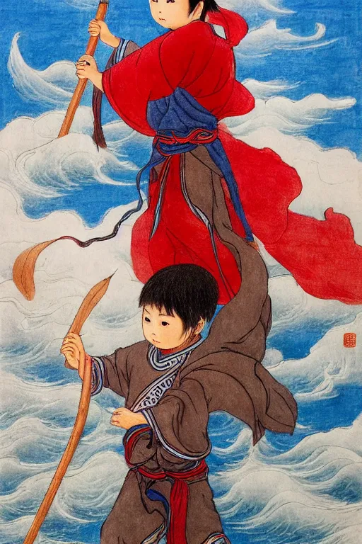 Image similar to a masterpiece portrait of legendry nezha flies riding on the wind fire wheels across the sea, water everywhere, chinese mythology, chinese male child, cute face, side view, red cloth around his shoulders, hold spear, cinematic, fantasy character portrait, highly detailed, by ne zha ( 2 0 1 9 ), fenghua zhong, bob byerley