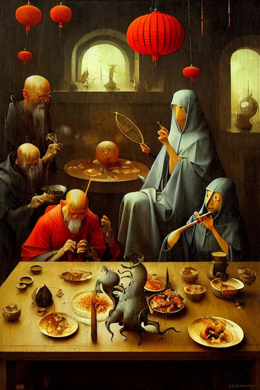 Image similar to hieronymus bosch, greg rutkowski, anna podedworna, painting of a succulent chinese meal