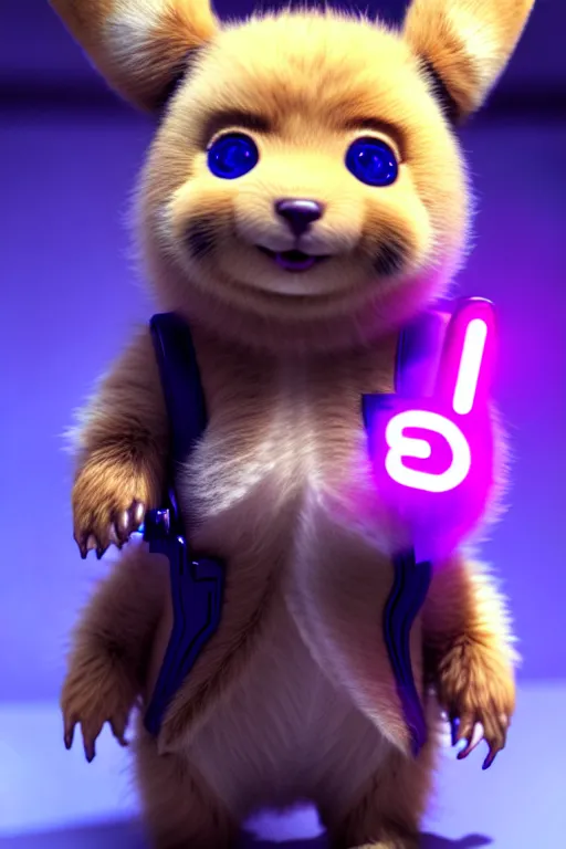 Image similar to high quality 3 d render post - cyberpunk very cute fluffy! wombat!! cyborg, mechanical paw, highly detailed, unreal engine cinematic smooth, in the style of detective pikachu, hannah yata charlie immer, neon purple light, low angle, uhd 8 k, sharp focus