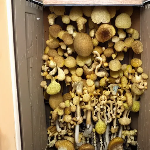 Image similar to realistic photo of golden teacher mushrooms growing inside a closet