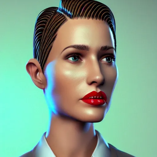 Prompt: stylish woman cartoon portrait made out of rain, pinstripe suit, short blond hair, galactic background, rendered in octane, unreal engine, highly detailed, trending on artstation, realistic, splashes of neon, beautiful