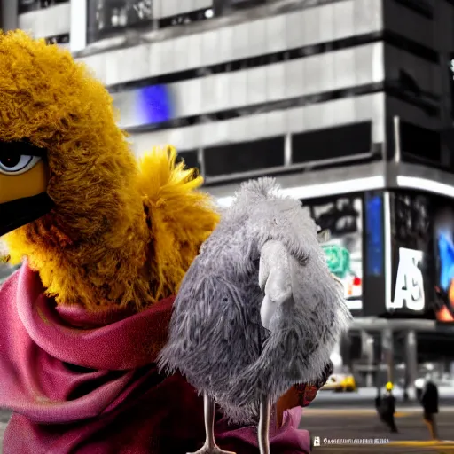 Prompt: big bird as a homeless hooker begging for fentanyl in times square, ultra detailed, 8 k, photorealism, rule of thirds, octane render, cosplay, cinematic lighting.