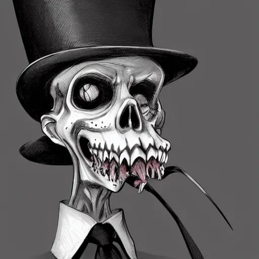Prompt: undead, ghoul, top hat, tuxedo, concept art, character, digital painting, highly detailed, artstation, style kim jung gi, style junji ito