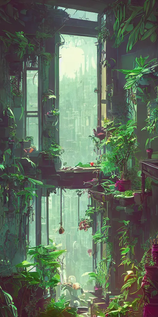 Prompt: lush solarpunk Victorian windowsill with lush plants on it, interior of room, looking out toward a solarpunk cityscape, vignette of windowsill, detailed digital concept art by anton fadeev and marc simonetti, trending on artstation