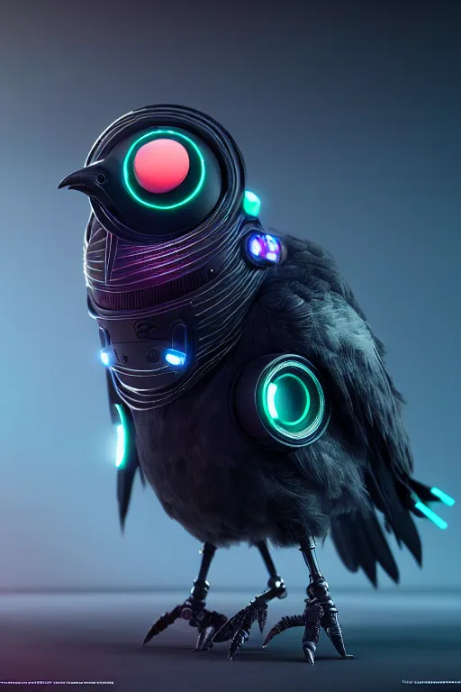 Image similar to high quality 3 d render very cute cyborg crow! incorporated speaker, cyberpunk highly detailed, unreal engine cinematic smooth, in the style of blade runner & detective pikachu, hannah yata charlie immer, moody light, low angle, uhd 8 k, sharp focus