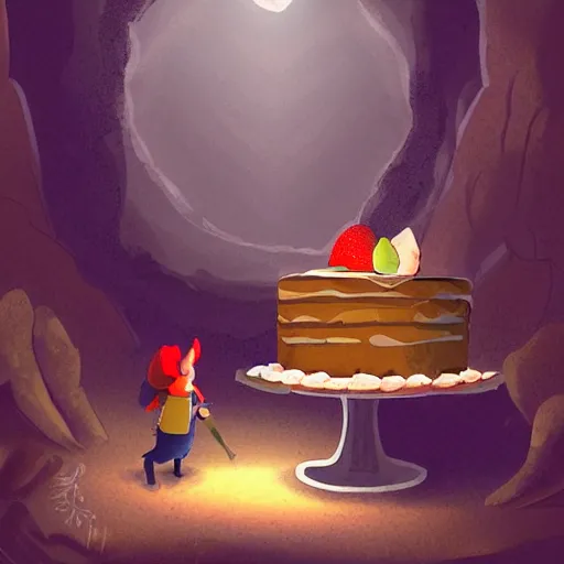 Image similar to an adventurer finding a cake in a dark mysterious cave, digital art