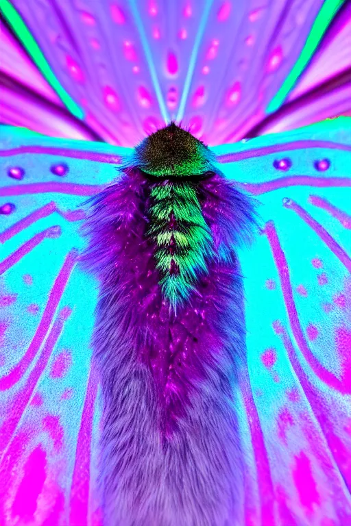 Image similar to high quality macro photo pearlescent furry moth! jeweled gorgeous! highly detailed david ligare elson peter cinematic purple neon lighting high quality low angle hd 8k sharp shallow depth of field