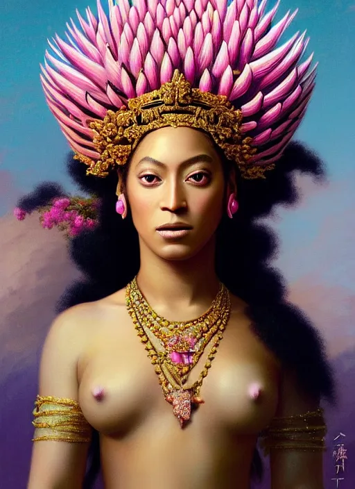 Image similar to stunning beyonce giselle knowles as a japanese godess, detailed pink and white protea head peace against a black backdrop by ivan aivazovsky, wlop, sharp details, photorealism, oil painting, beautiful soft lighting, muted colours, artstation