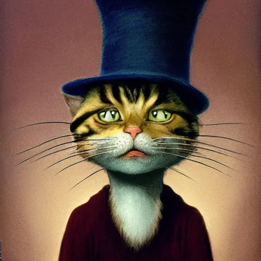 Prompt: mike myers as the cat in the hat painted by brian froud, side - lit, sepia - toned