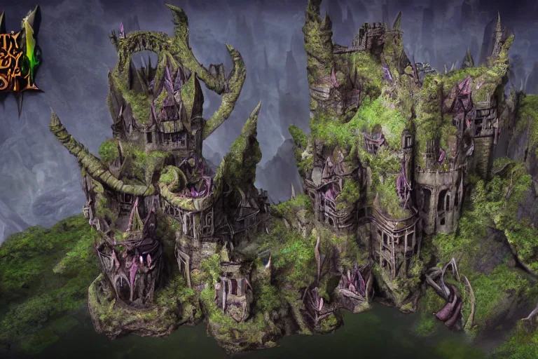 Image similar to big evil fairy castle - city rock dark shadow elves, might and magic heroes 7, dark fantasy, shadows, artstation trending, unreal engine 5, red