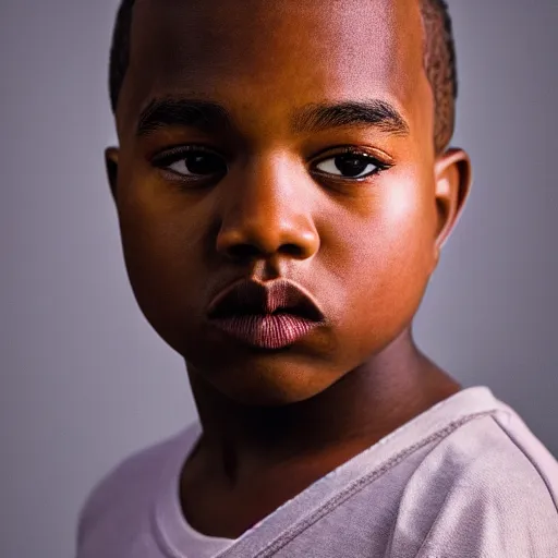 Image similar to the face of young kanye west at 1 0 years old, portrait by julia cameron, chiaroscuro lighting, shallow depth of field, 8 0 mm, f 1. 8