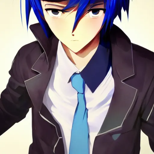 Image similar to very cool anime boy, short silver hair, azure blue watery eyes, full round face, seductive glances, wearing River City Ransom suit, lens flare, cinematic lighting, medium shot, mid-shot, highly realistically detailed, trending on pixiv, Unreal Engine 4k, Stanley Artgerm Lau, WLOP, Rossdraws, James Jean, Marc Simonetti