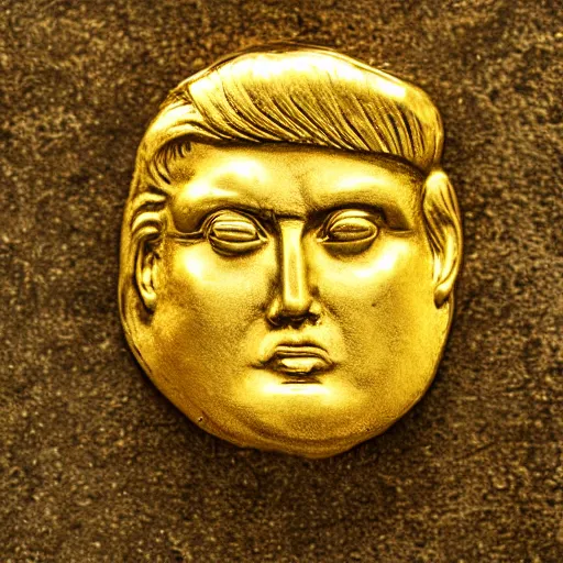 Image similar to an ancient roman gold coin with the face of donald trump, close up photo, ultra realistic, studio photo, bokeh.