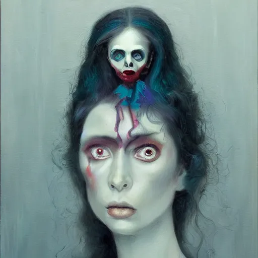 Image similar to ghostly female portrait in detail in oil paint by james jean, guillermo del toro l, tim burton