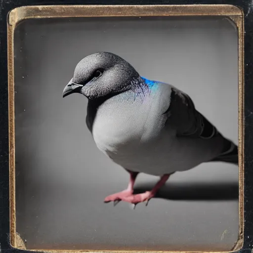 Image similar to Tintype photograph of chonky pigeon as an overweifght subject. 1990s studio lighting.