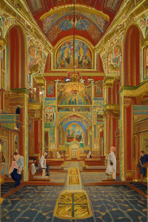 Image similar to scene from wes anderson orthodox cathedral building by helen lundeberg