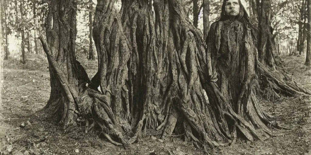 Prompt: shocked human face intertwined and fused with a tree bark in an ominous forest, 1900s photography