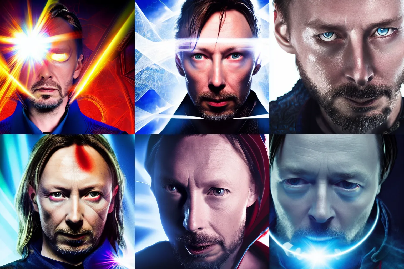 Prompt: thom yorke as doctor strange, studio lighting, cinematic, lens flare, closeup shot