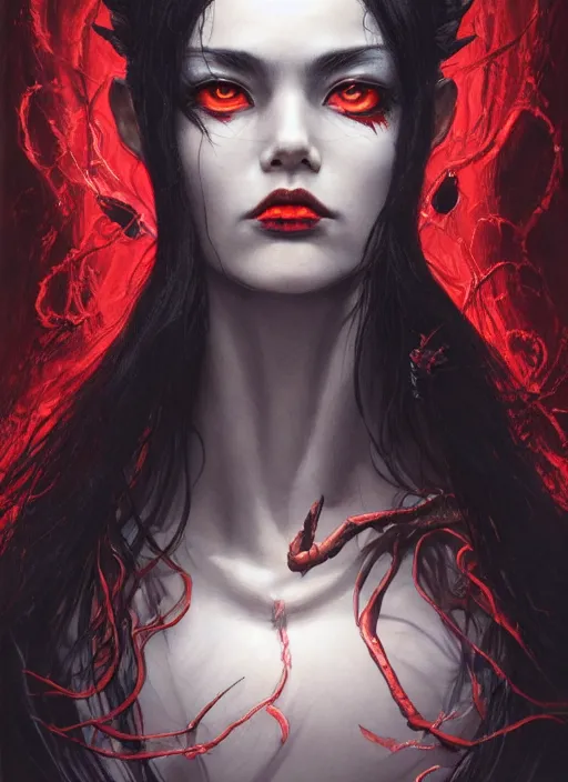 Prompt: a hyper detailed shoulder portrait of black haired girl with red eyes, the queen of blades, sideshow figurines, diablo 4 lilith, by yusuke murata, by hiroya oku, by dorian cleavenger, by tom bagshaw, by zdzisław beksinski, trending on artstation