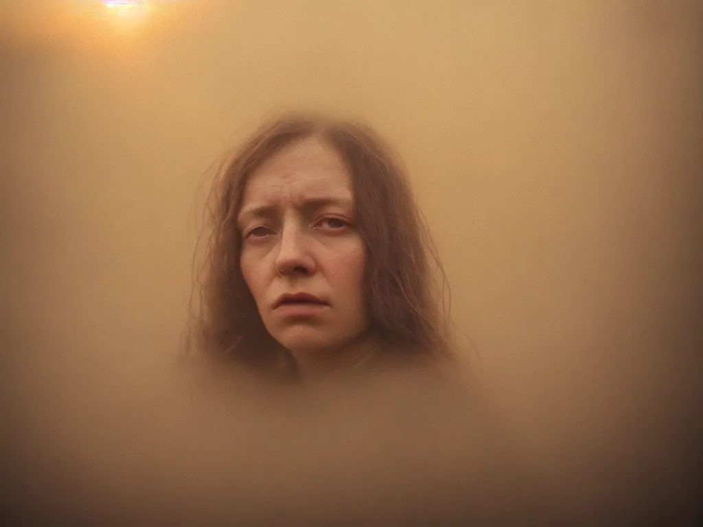 Prompt: close up portrait bust of woman, tired expression, faded color film, russian cinema, tarkovsky, technicolor, heavy forest, wood cabin in distance, shallow depth of field, long brown hair, old clothing, heavy fog, atmospheric haze, brown color palette, sunset, low light, hudson river school, 4 k, dramatic lighting