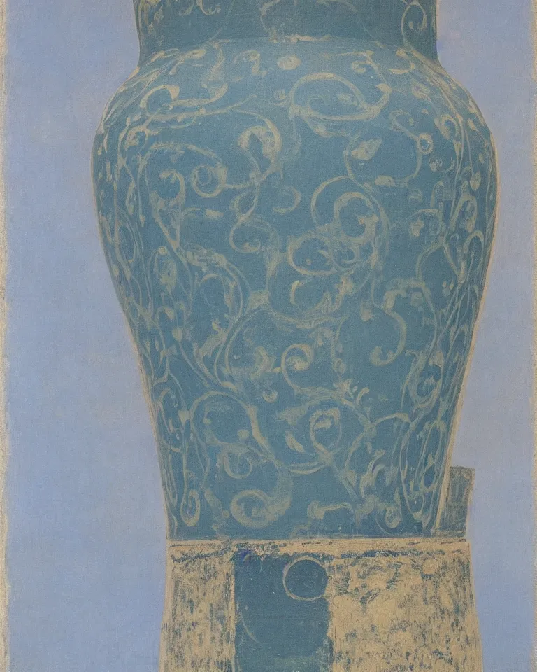 Prompt: achingly beautiful print of intricately painted ancient greek amphora on baby blue background by rene magritte, monet, and turner.