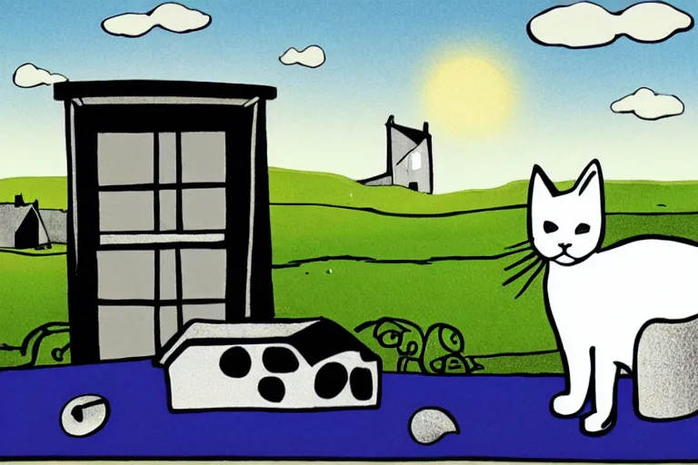 Image similar to detailed illustration of a white cat with a black spot on her trunk playing guitar, an old house with a window over a hill, blue sky, a big star falling