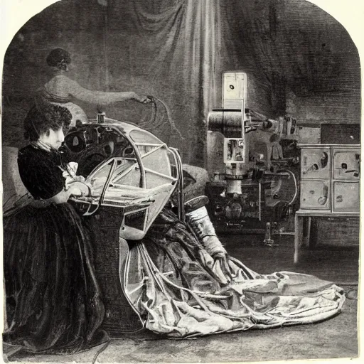 Image similar to a large mechanical machine, sewing a woman together