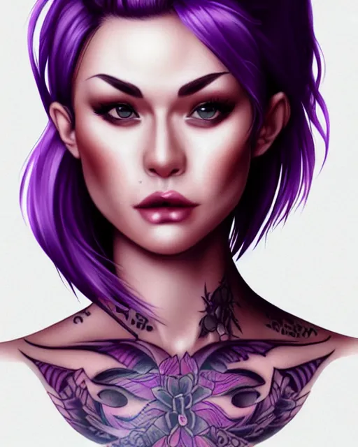 Prompt: cute female tattooist, perfect face, black halter top, purple hair, abs, cinematic, blush, stunning, athletic, strong, agile, highly detailed, smooth, hard focus, digital art, illustration, artstation