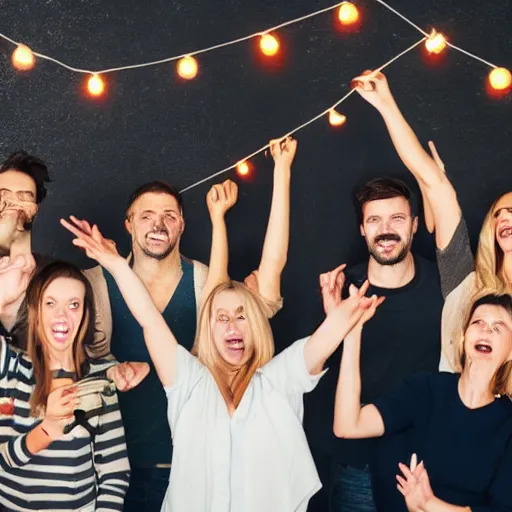 Prompt: a group of people celebrating a housewarming party but the entire room is on fire and they aren't noticing