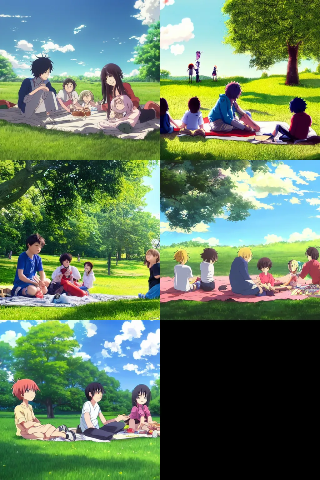 Prompt: Anime of an happy family with two boys of 10 years old and 5 years old, in Vincennes parc having a pic nic, beautiful weather, peaceful cloud, by Makoto Shinkai