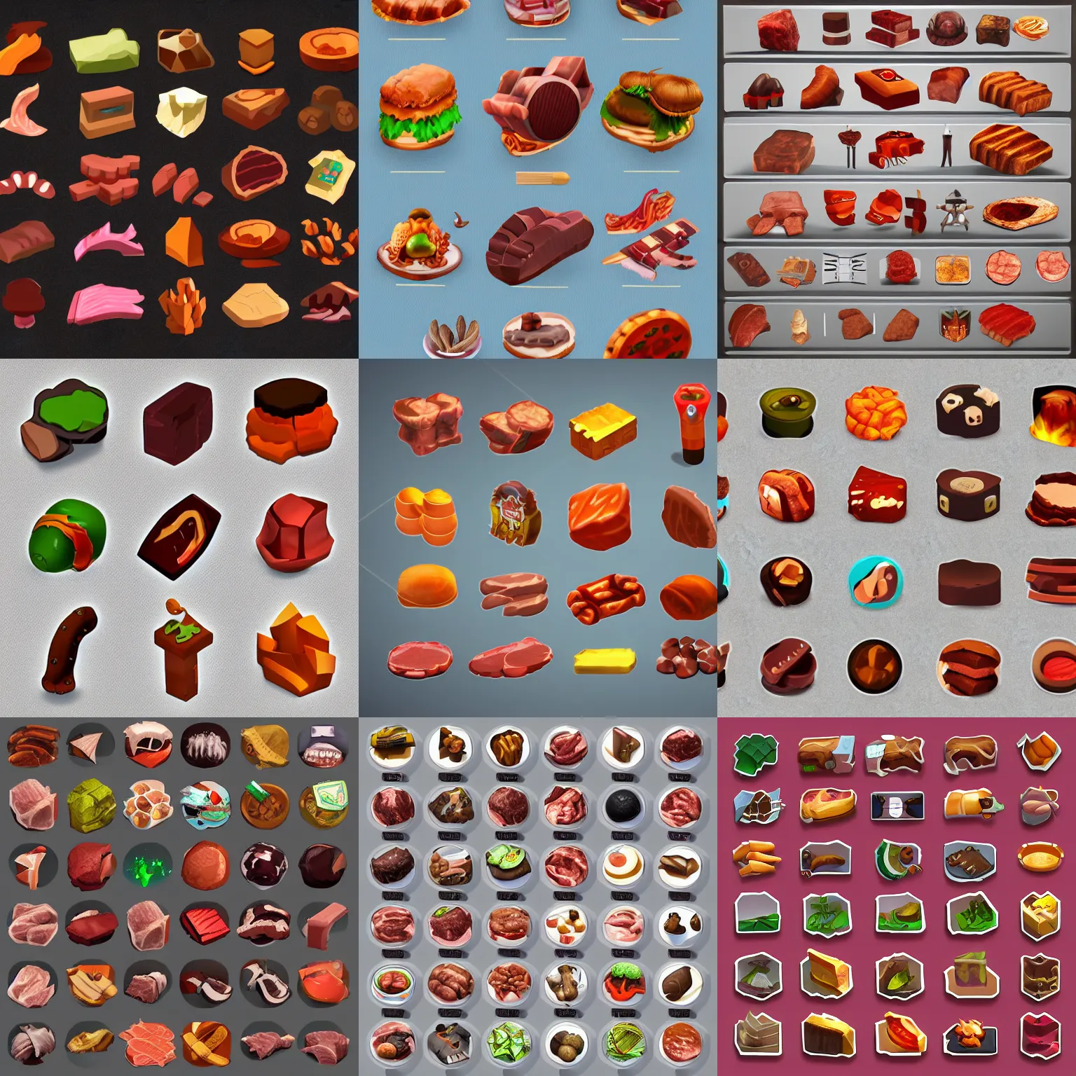 Prompt: collection of ui meat icons, 3 d render, rpg, game dev art