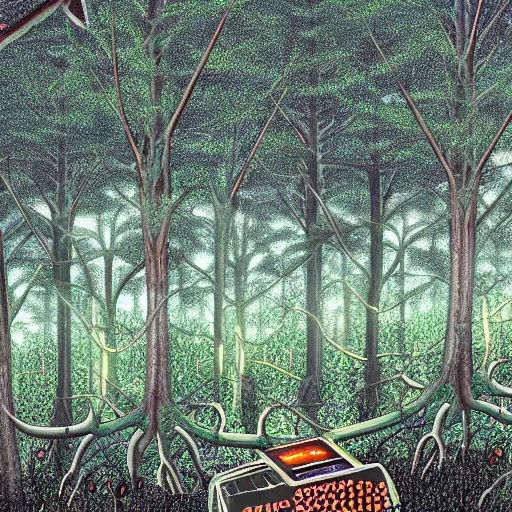 Image similar to a cybernetic ecology. joined back to nature, all watched over by machines of loving grace. a cybernetic forest filled with pines and electronics where deer stroll peacefully past computers as if they were flowers with spinning blossom