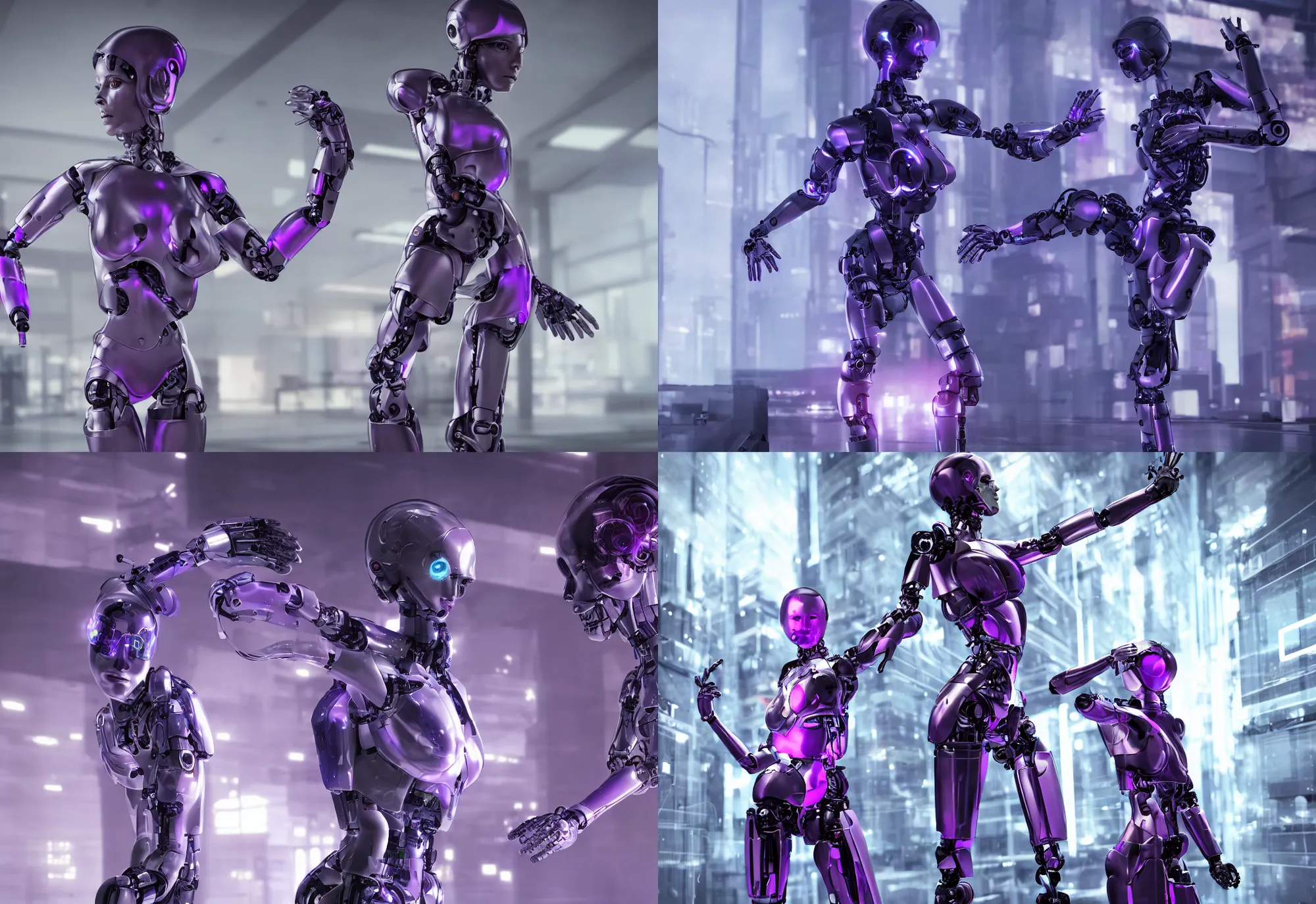 Prompt: ex macina shot female cyborg robot in detailed realistic data center, no artefacts, whole body, whole figure, character design, proportional human body, realistic cinematic, great composition, golden ratio, violet colors, dramatic lighting, physical correct light, cyberpunk, octane render 8 k,