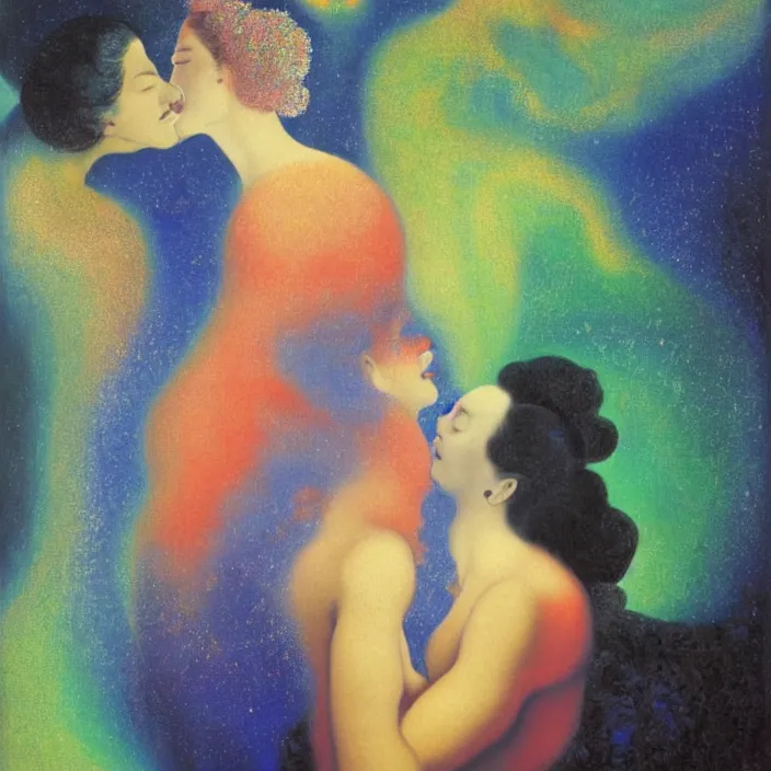 Image similar to close portrait of woman and man kissing. aurora borealis. iridescent, psychedelic lapis - lazuli, turquoise colors. painting by salvador dali, agnes pelton, utamaro, monet